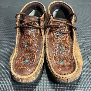 Twisted X Mens 6.5M Leather Casual Shoes With Tooled Floral Design & Turquoise A